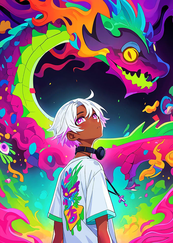 Anime Boy with Colorful Dragon