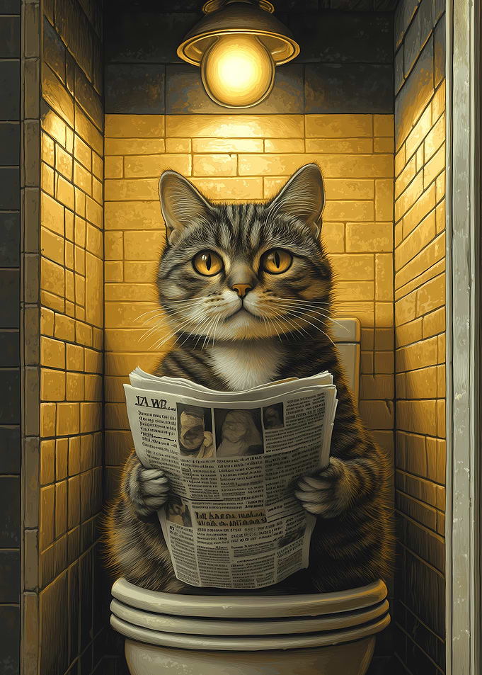 Cat reading newspaper on toilet