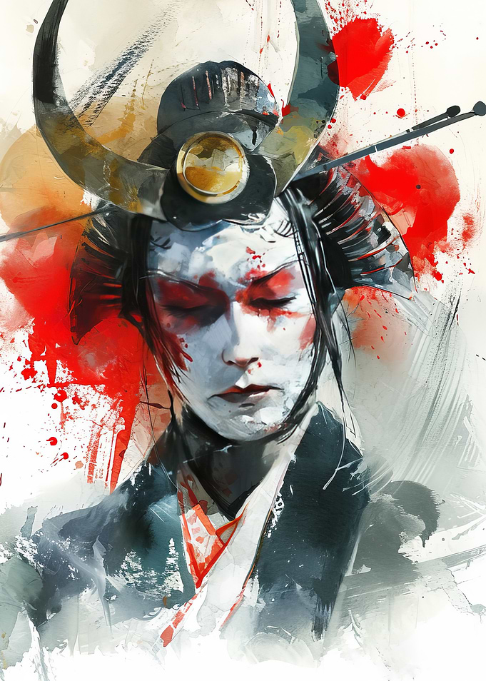 Samurai Woman Watercolor Portrait