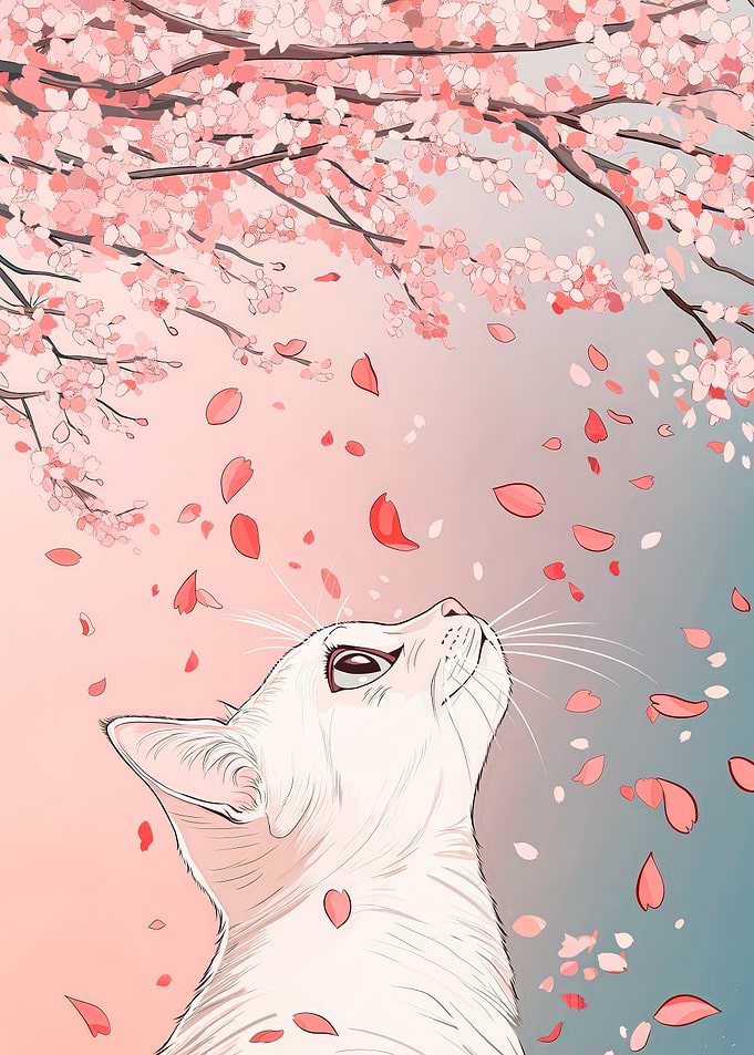 Cat under Cherry Blossom Petals