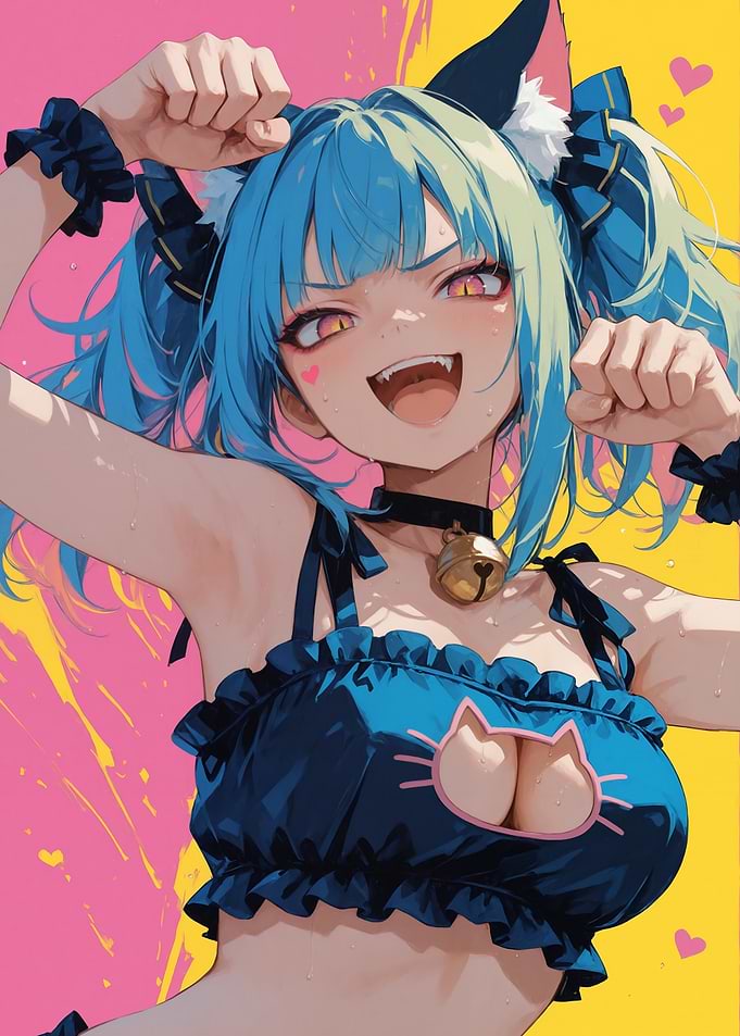 Energetic Neko Girl with Fangs and Cat Outfit