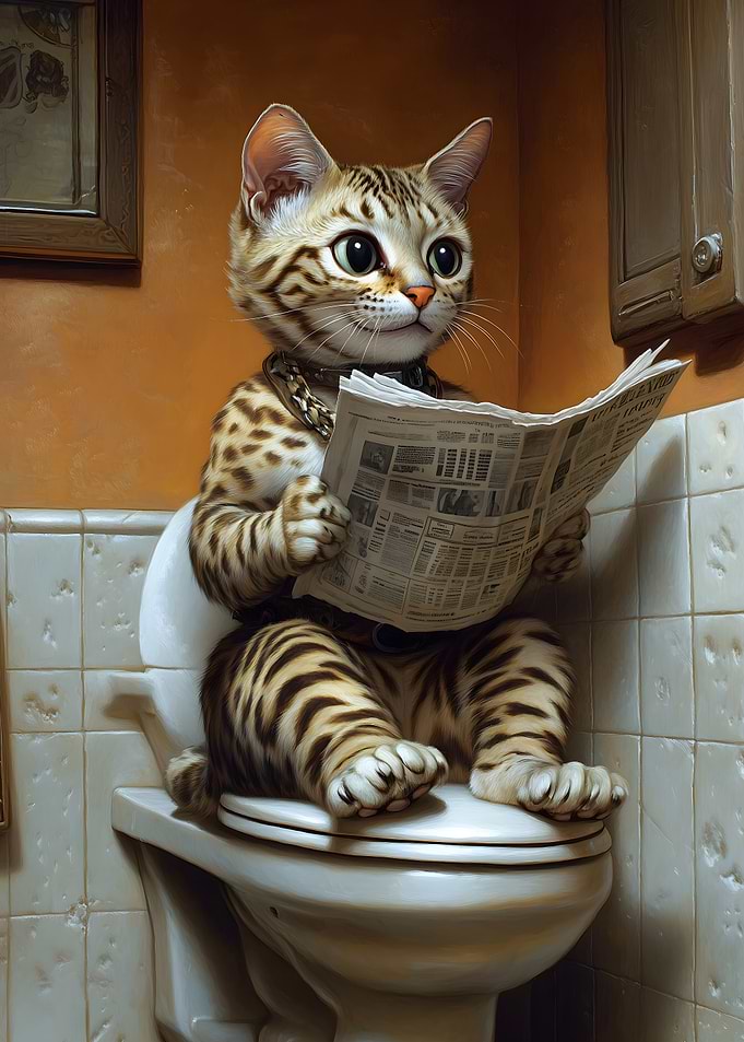 Cat reading newspaper on toilet