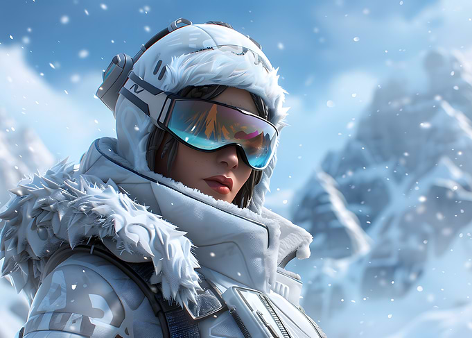 Woman in Ski Gear in Snowy Mountains