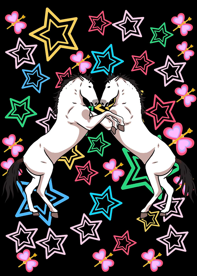 Two White Horses with Colorful Stars