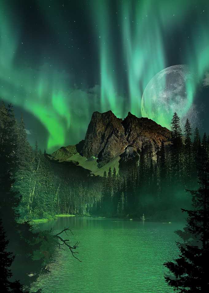 Aurora Borealis over Mountain Lake