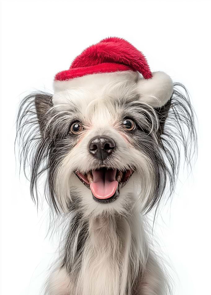 Happy Chinese Crested Dog with Santa Hat