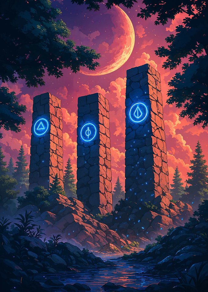Mystical Stone Pillars with Glowing Symbols