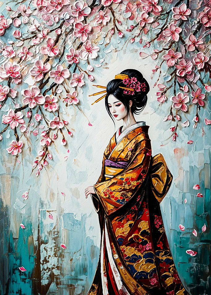 Geisha with Cherry Blossoms Painting