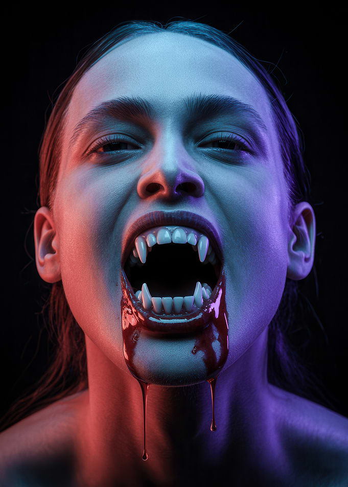 Crimson Veil – Vampire’s Bloodlit Visage in Shadow
