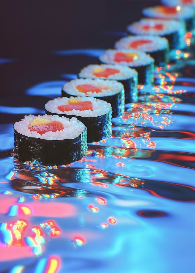 Sushi Rolls on Reflective Surface