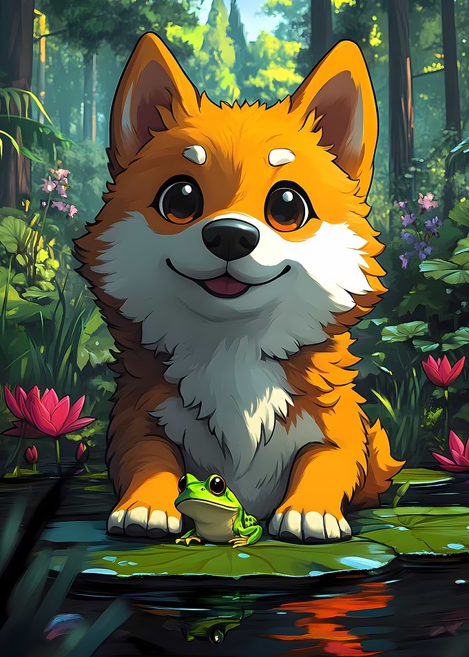 Cute Dog and Frog in Pond
