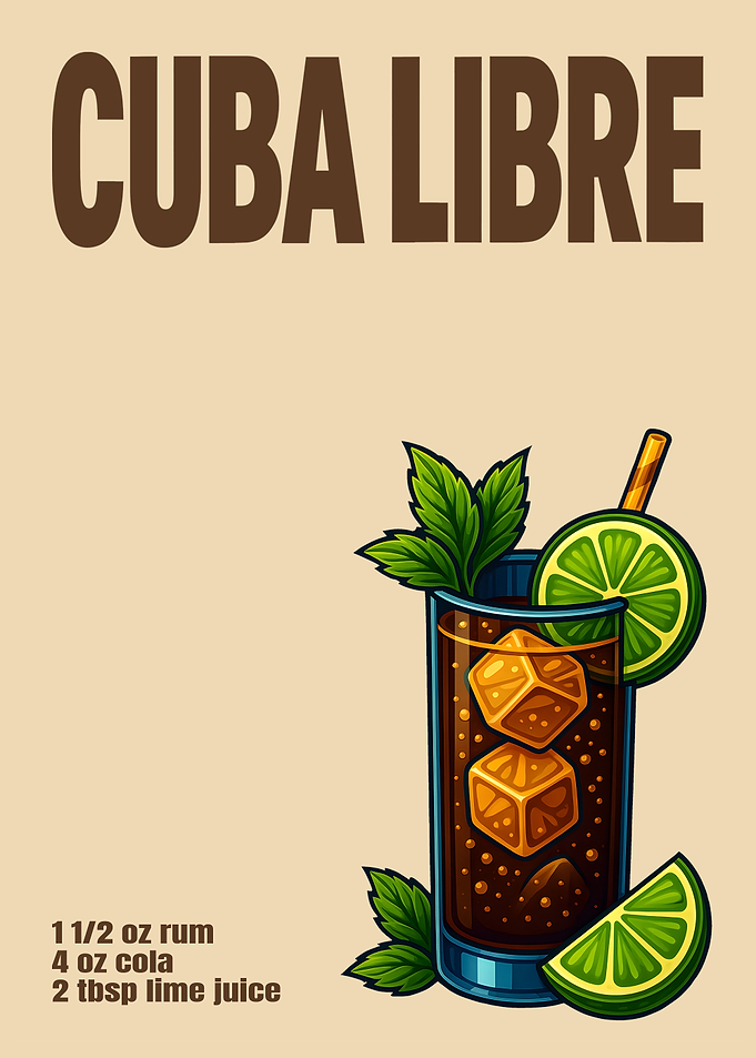 Cuba Libre Cocktail Art Print – Classic Rum & Cola Drink Recipe Wall Decor for Bar, Kitchen, or Lounge