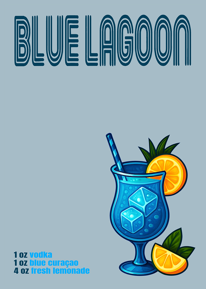 Blue Lagoon Cocktail Art Print – Vibrant Vodka & Curaçao Drink Recipe Wall Decor for Bar, Kitchen, or Lounge