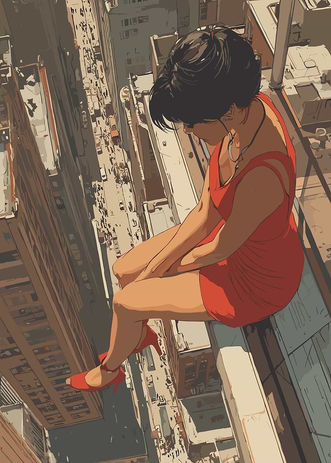 Woman in Red Dress on Skyscraper