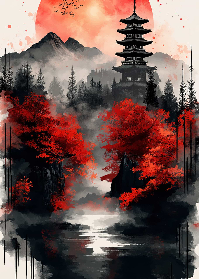 Japanese Pagoda Landscape with Red Foliage