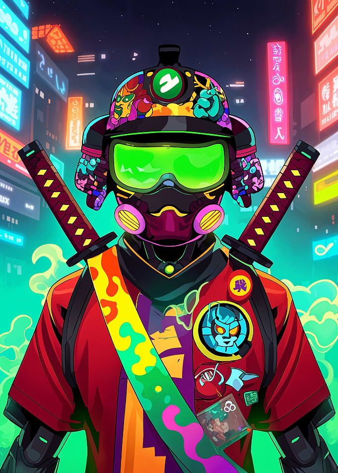 Cyberpunk Samurai in Neon Cityscape