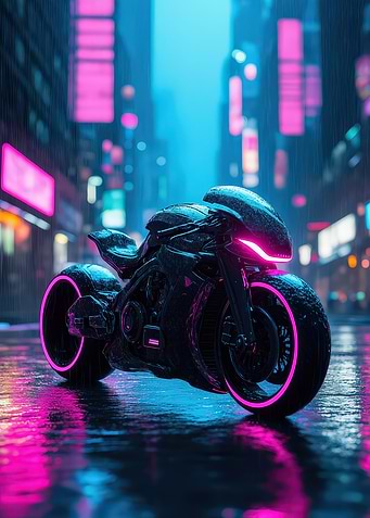Cyberpunk Motorcycle In Rainy Cityscape