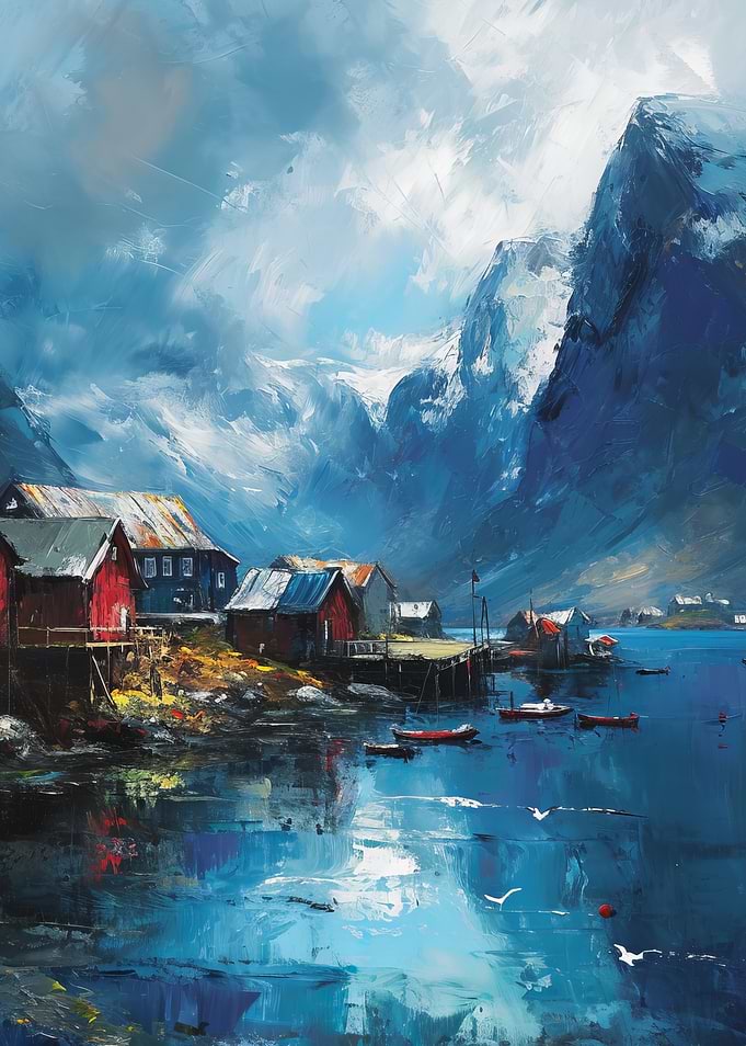 Coastal Village Painting with Mountain Backdrop