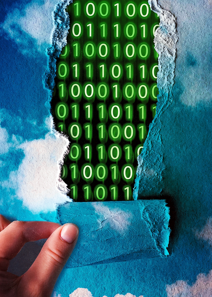 Binary Code Through Torn Sky Paper