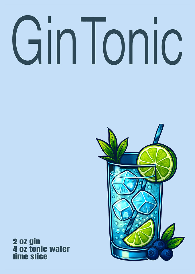 Gin and Tonic Cocktail Art Print – Crisp Botanical Drink Recipe Wall Decor for Bar, Kitchen, or Lounge