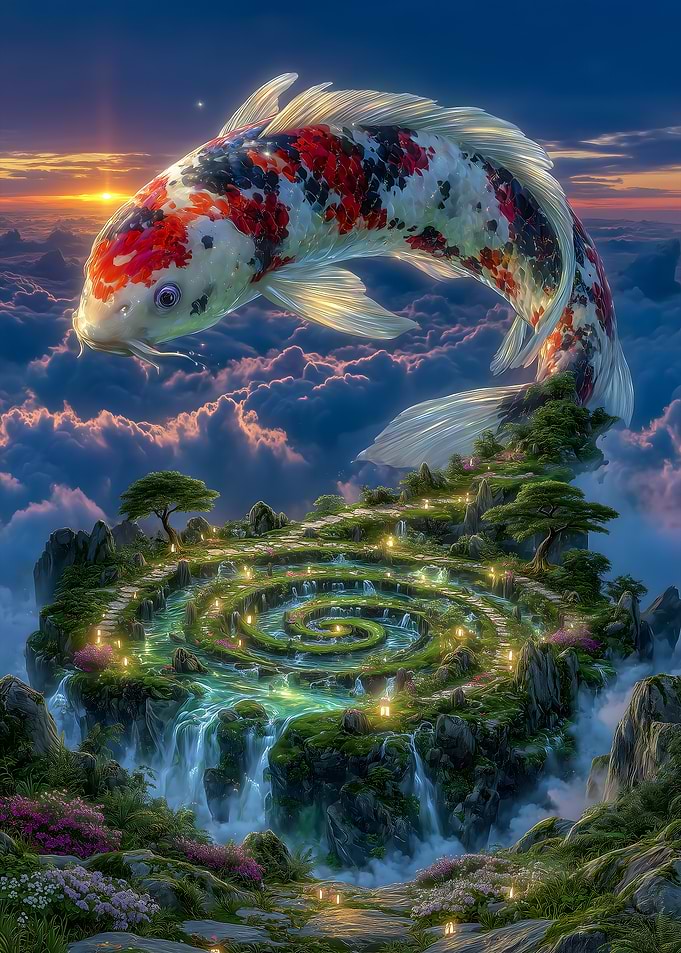 Koi Fish Over Floating Island
