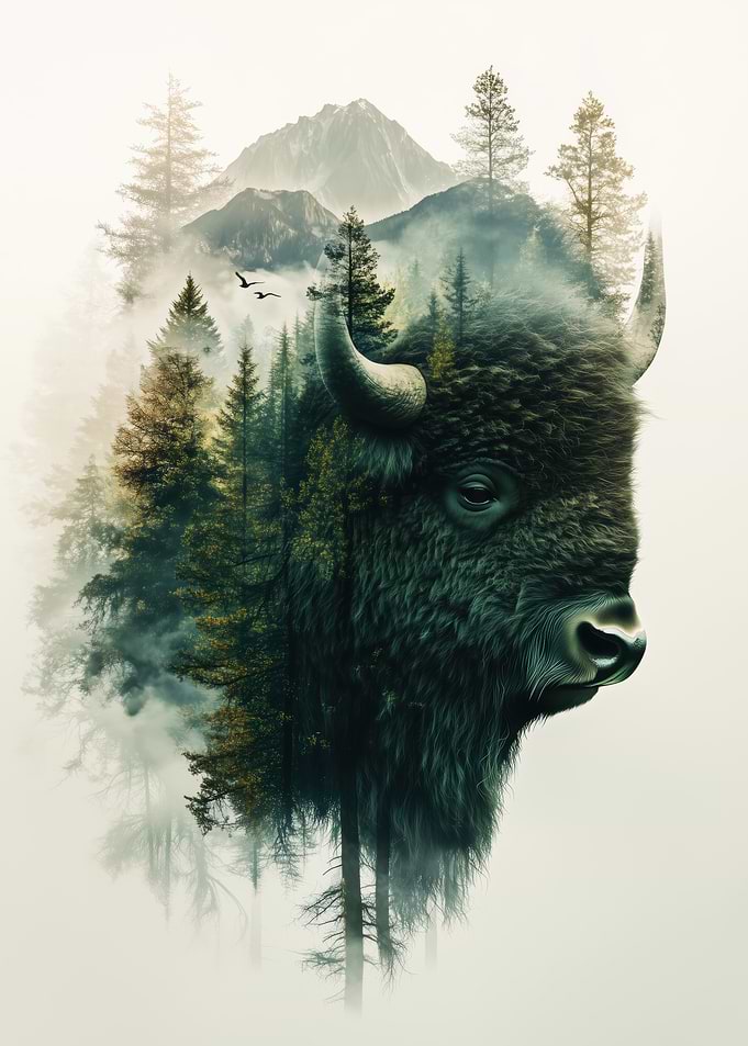Bison and Forest Double Exposure