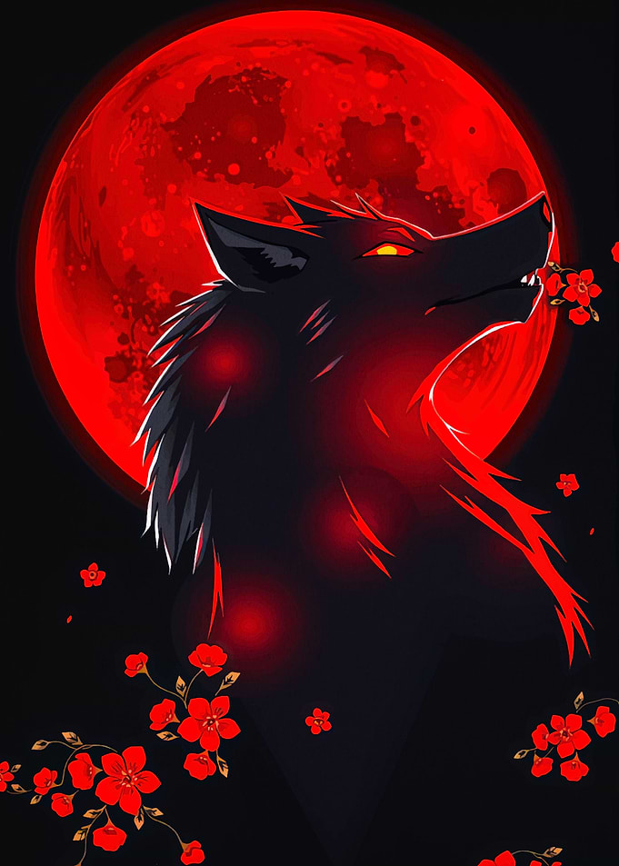 Wolf Howling at Red Moon