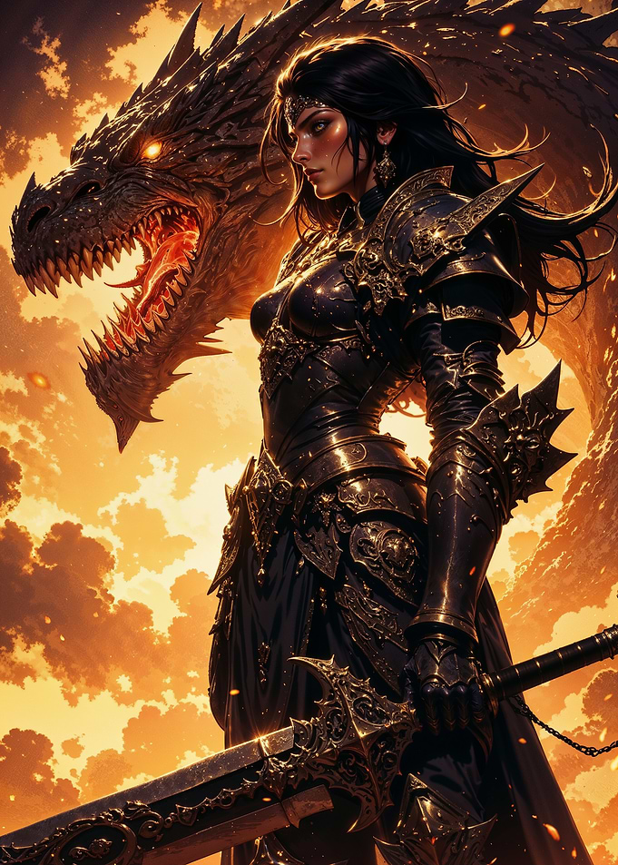 Fire Dragon Guardian – Female Knight with Giant Dragon Under Burning Skies