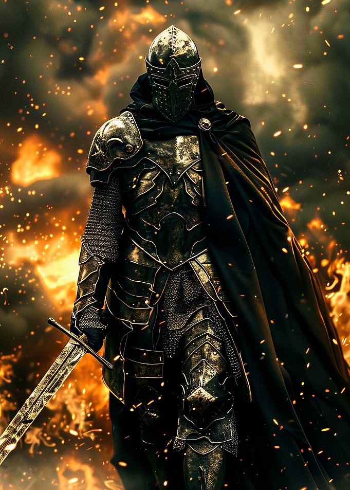 Armored Knight in Fiery Landscape