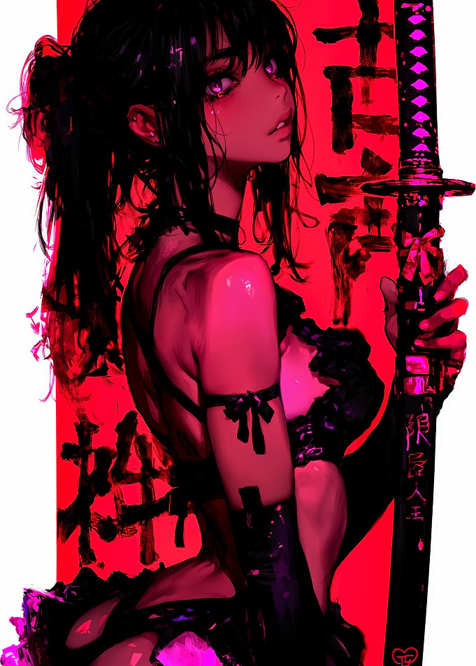 Anime Girl with Katana in Red