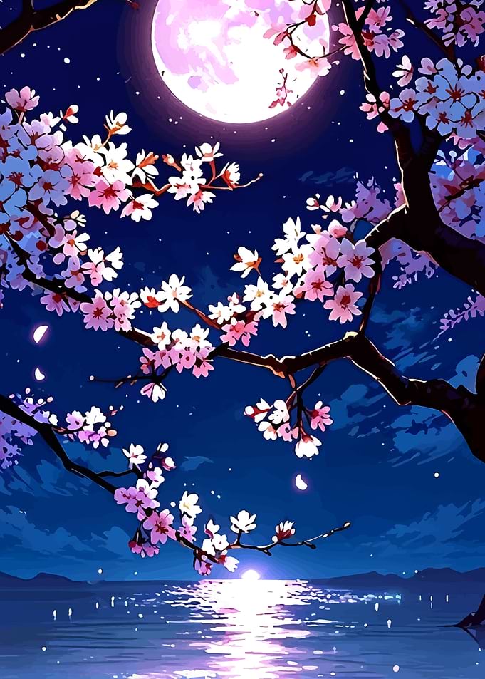 Cherry Blossoms Under Moonlight