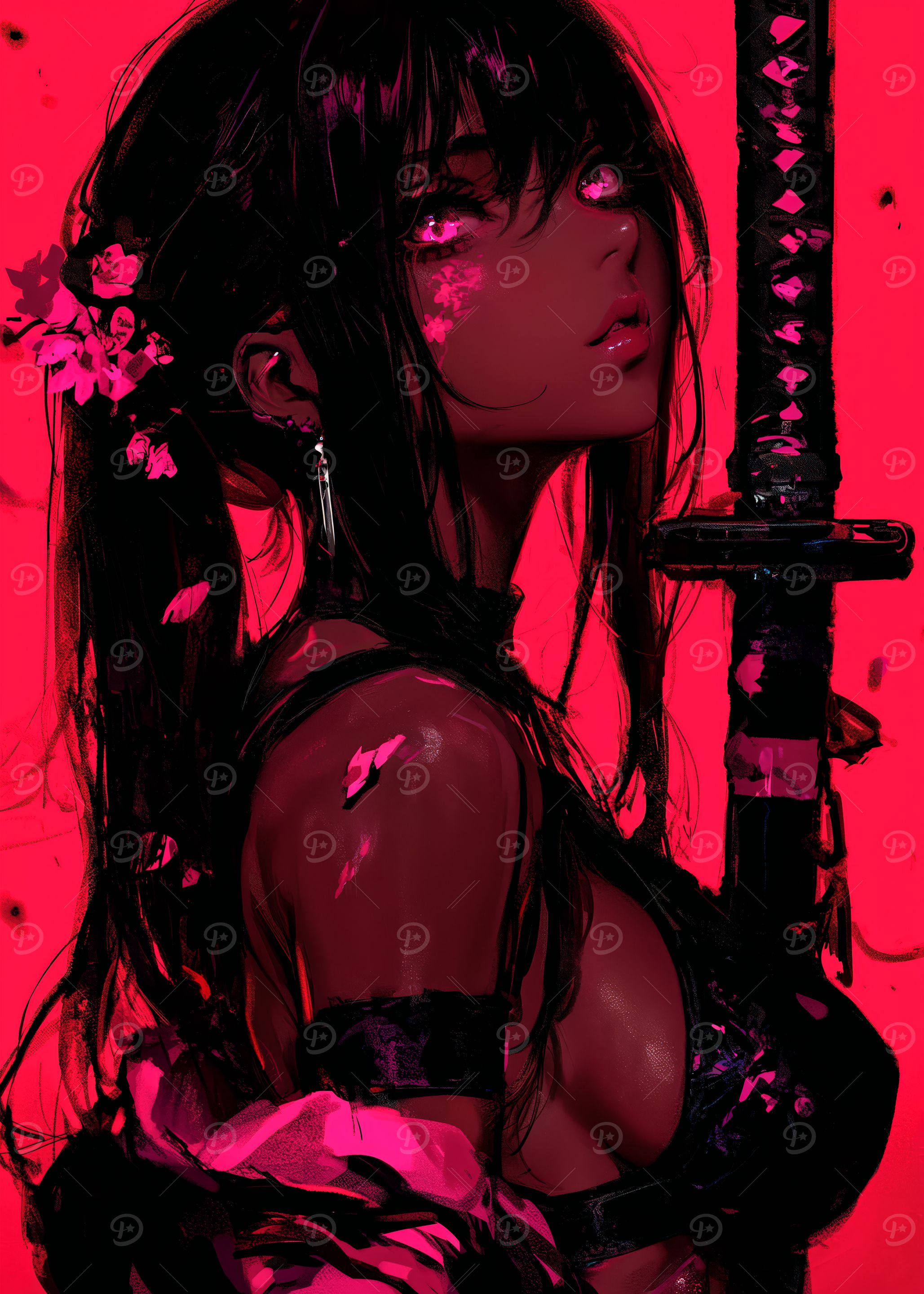 Anime Girl with Katana in Red