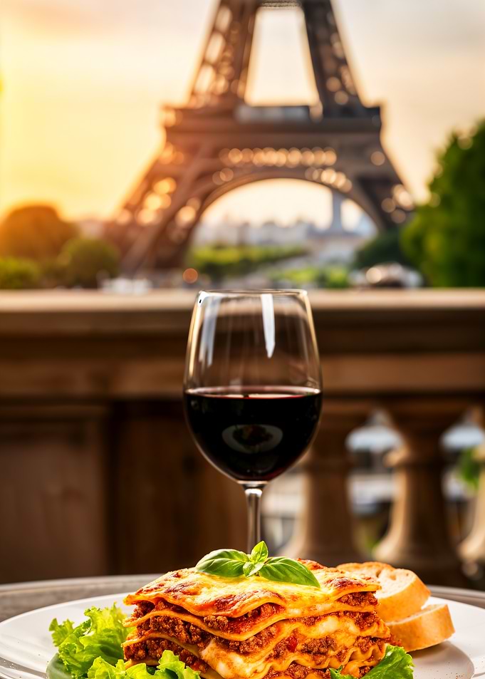 Lasagna and Wine with Eiffel Tower