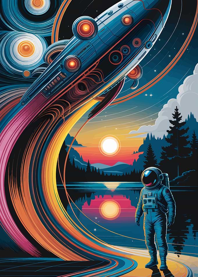 Astronaut and Spaceship by Lake