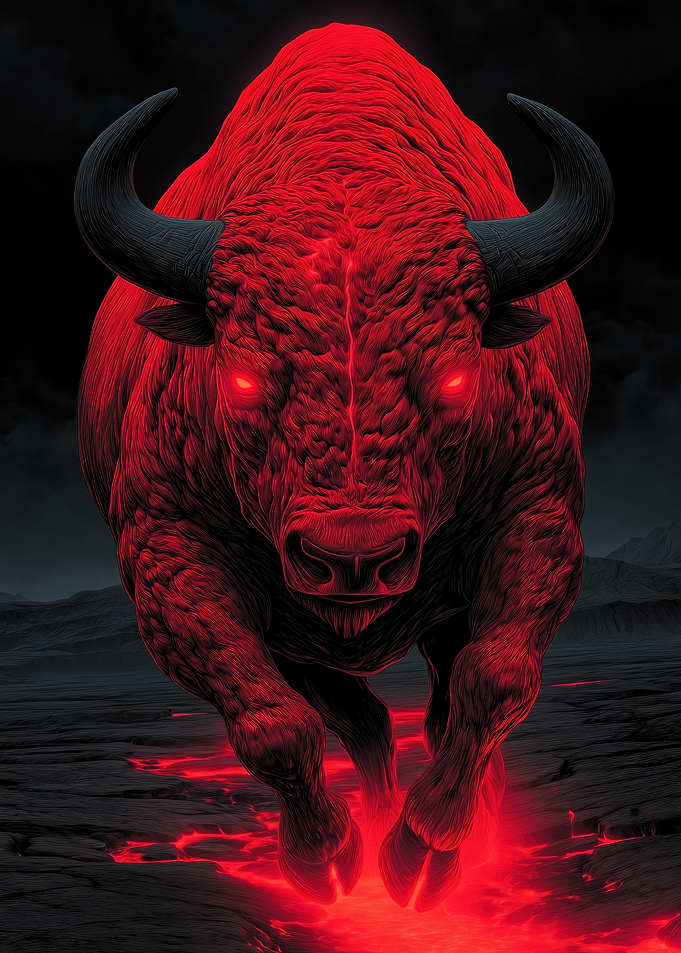 Red Buffalo with Glowing Eyes
