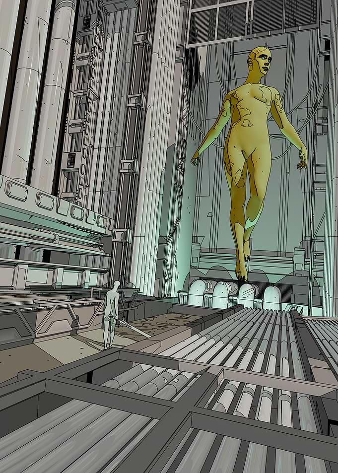 Monumental Android Awakening in a Futuristic Megastructure