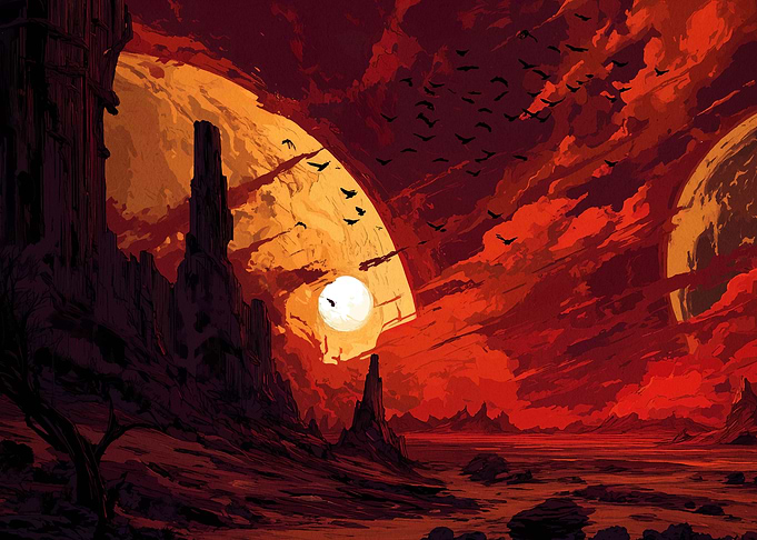 Red Alien Landscape with Birds