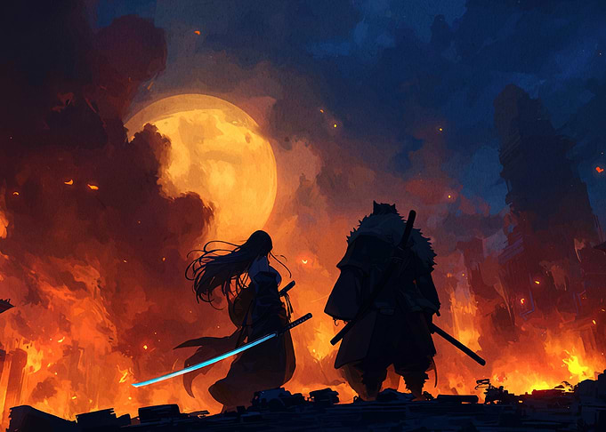 Samurai Duel Under a Fiery Sky