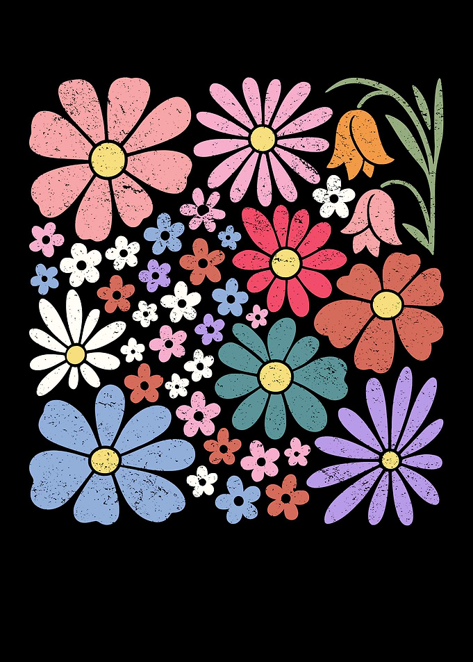 Retro Floral Pattern on Black Background