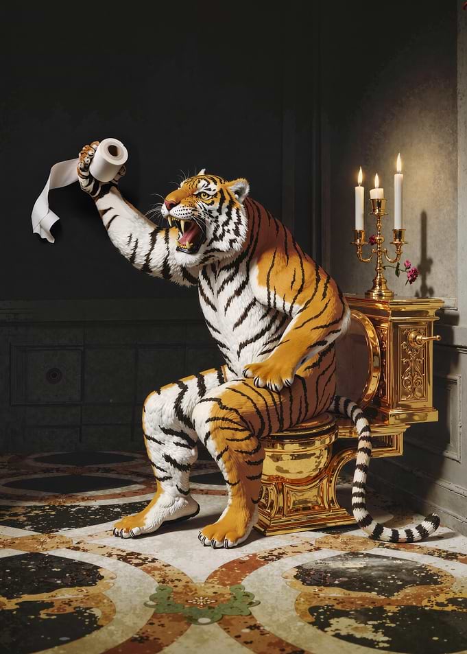 Tiger on Golden Toilet with Tissue
