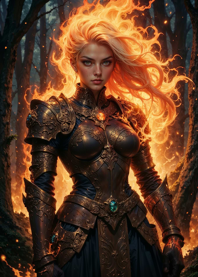 Fire Valkyrie Warrior – Blonde Female Knight Surrounded by Mythical Flames