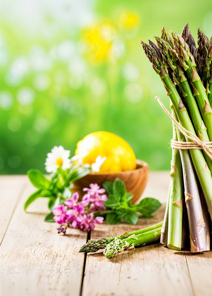 Asparagus, Lemon, and Flowers Still Life