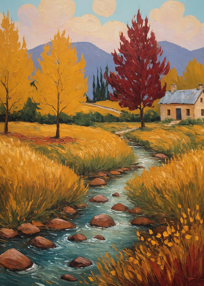 Autumn Landscape with Stream and House