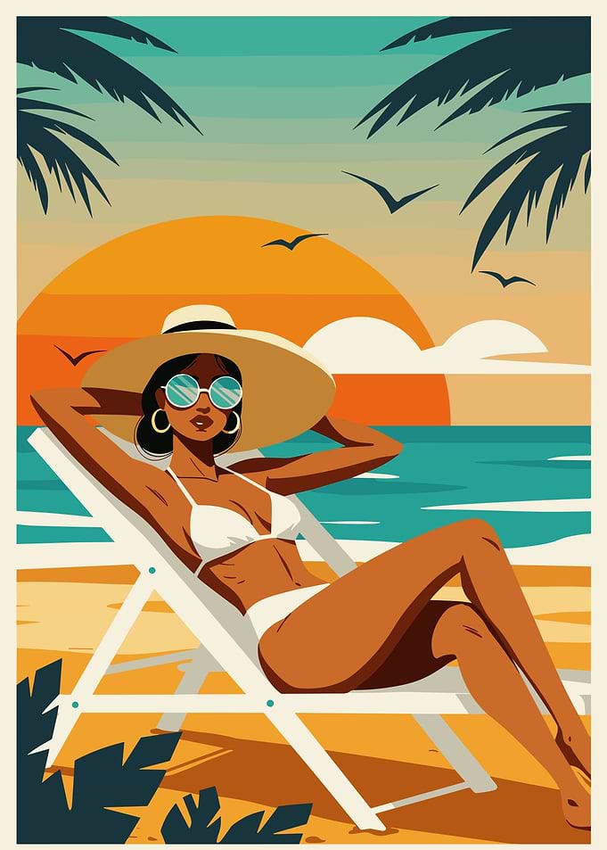 Woman on Beach in Retro Style