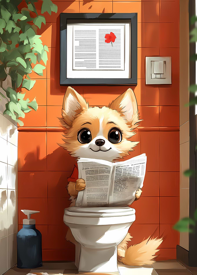 Dog Reading Newspaper on Toilet