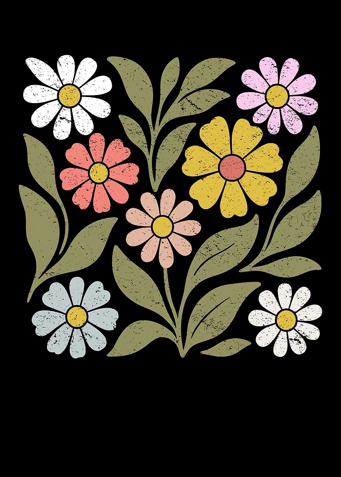 Retro Floral Pattern on Black Background