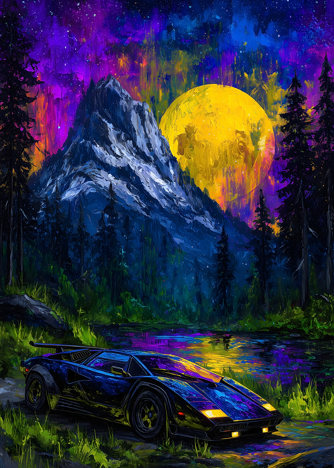 Lamborghini Countach in Mountain Landscape Painting