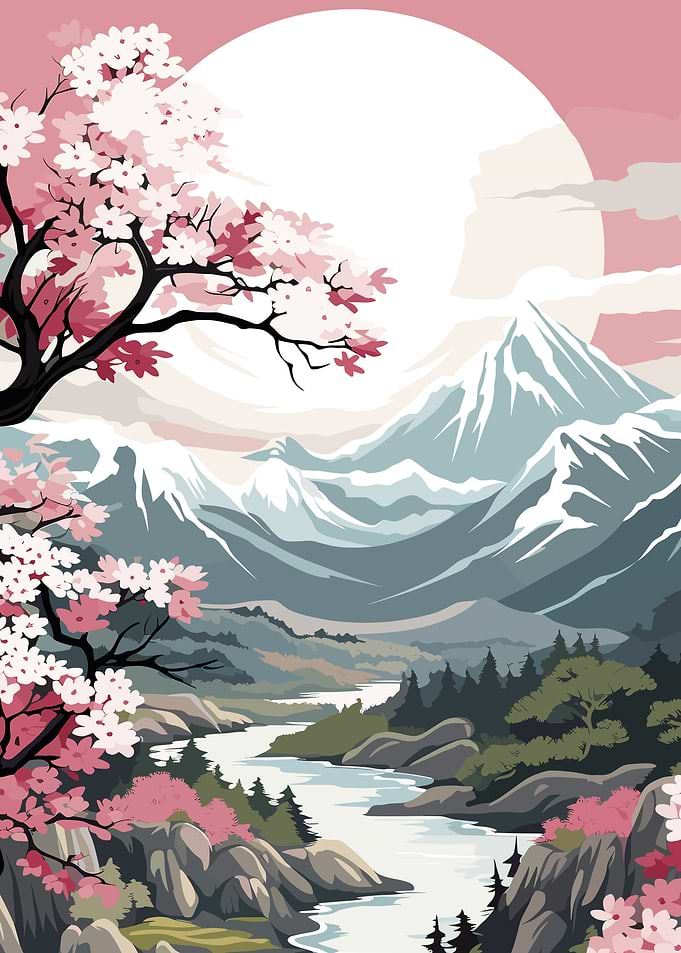 Japanese Landscape with Cherry Blossoms
