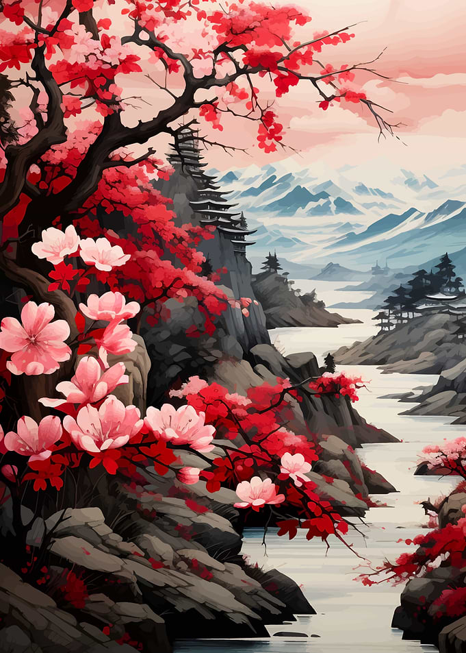 Cherry Blossoms and Mountain Landscape Painting