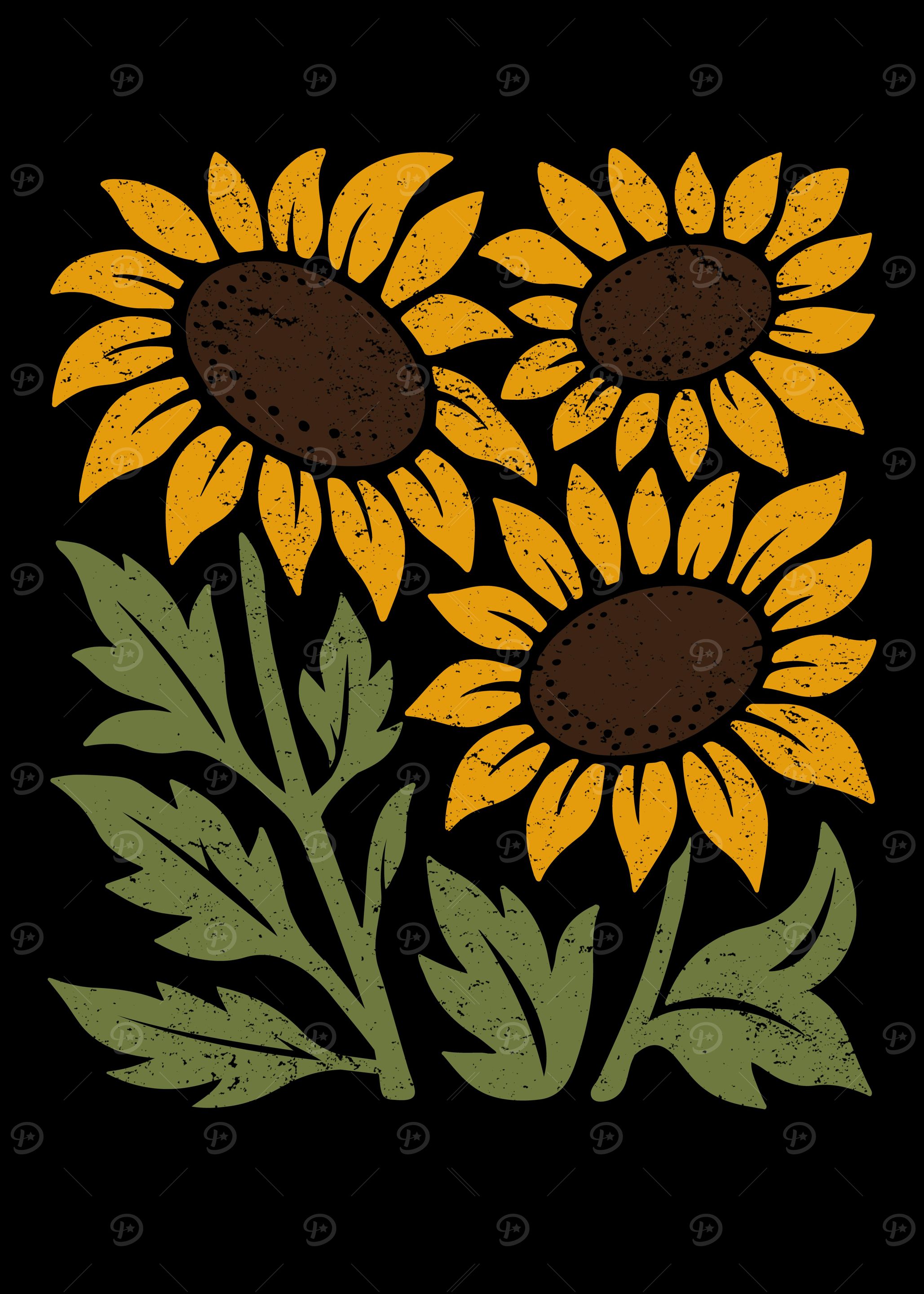 Three Sunflowers on Black Background